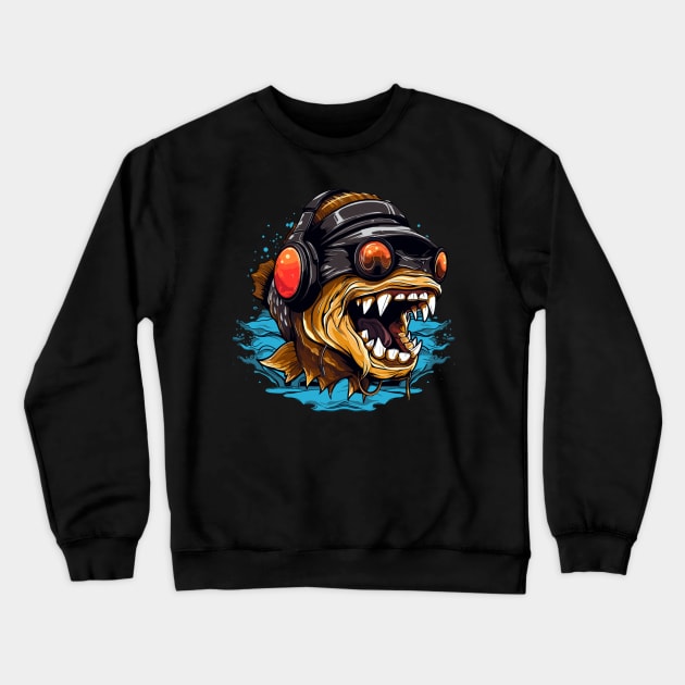 Hardbass Fish With Rave Music Headphones Crewneck Sweatshirt by Piggy Boxer